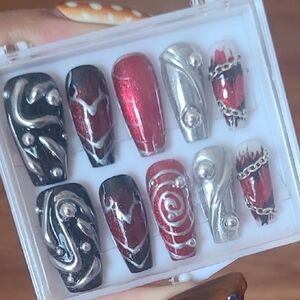 Black and Red Nail Art Set with Silver Accents